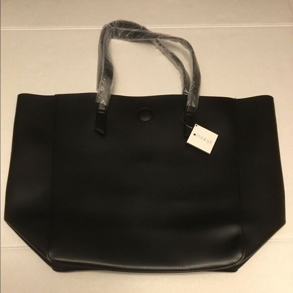 Macy’s Large Shopping Tote Black/Blue Faux Leather - Picture 1 of 3